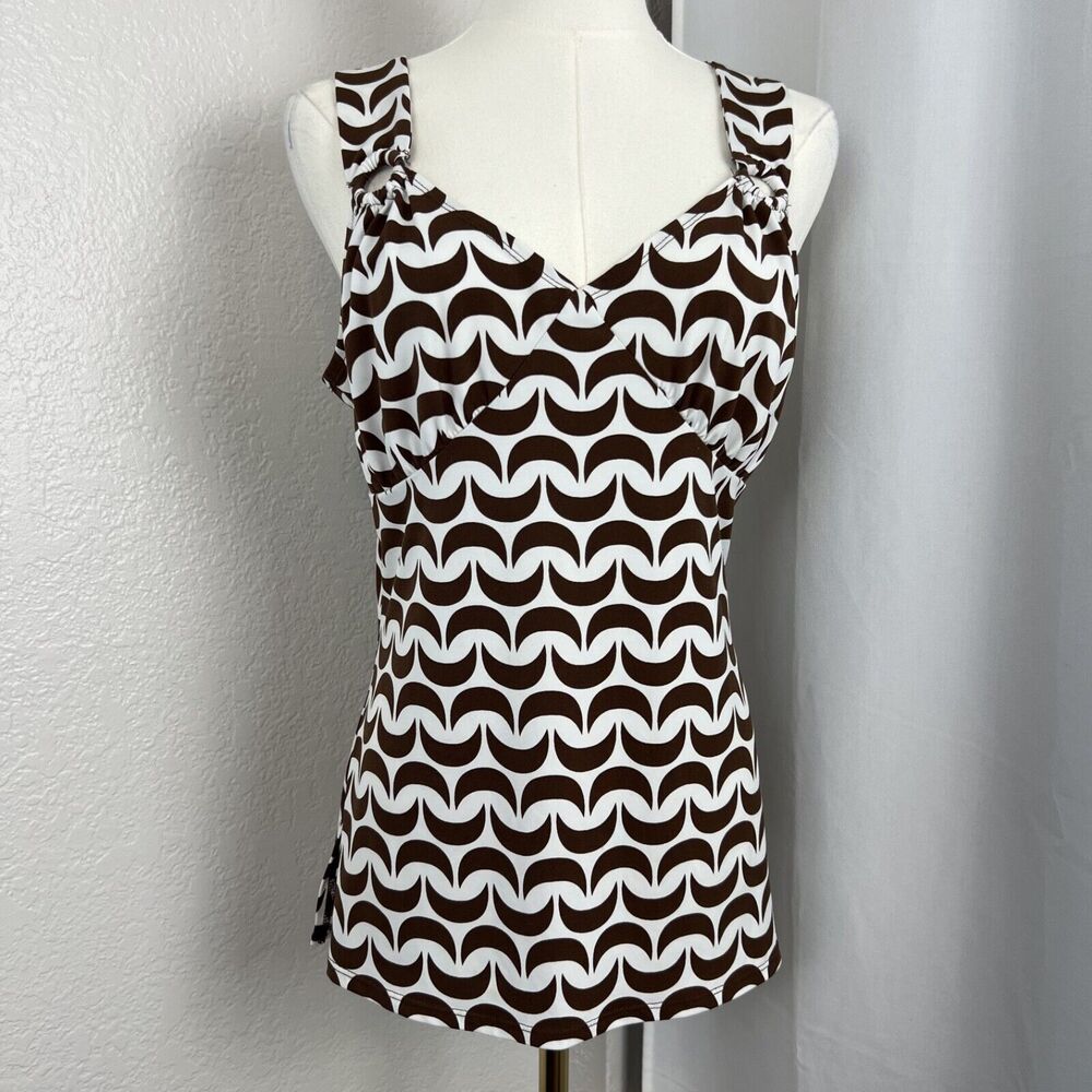 VTG Babydoll Tank Top Womens Medium‎ White Brown Jersey Crescent Moon Y2K Retro